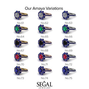 May include: A set of 12 variations of a blue sapphire engagement ring with different center stones. The center stones include a diamond, emerald, black diamond, and ruby. The ring is set in a halo style with a flower-shaped design. The ring is available in yellow gold, rose gold, and white gold.