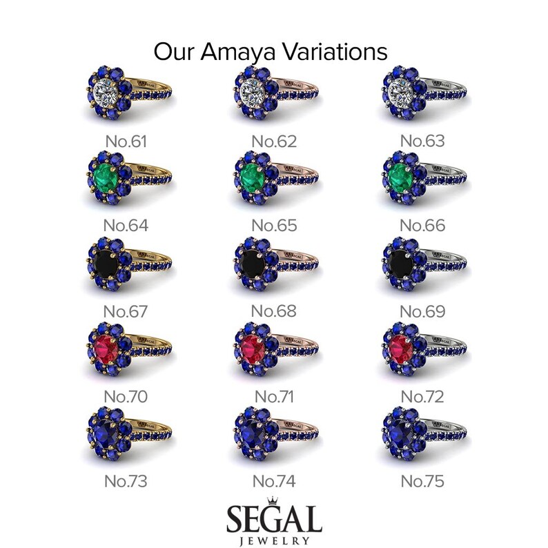 May include: A set of 12 variations of a blue sapphire engagement ring with different center stones. The center stones include a diamond, emerald, black diamond, and ruby. The ring is set in a halo style with a flower-shaped design. The ring is available in yellow gold, rose gold, and white gold.
