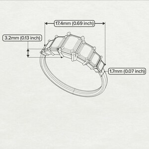 以下が含まれることがあります： エメラルドカットの宝石が3つ付いたシルバーリング。リングの幅は17.4mm、高さは3.2mm。バンドの幅は1.7mmです。