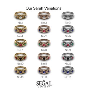 May include: A collection of 15 variations of a gold ring with different gemstones. The ring has a floral design and features a center stone surrounded by smaller stones. The gemstones include diamonds, rubies, emeralds, sapphires, and black diamonds.