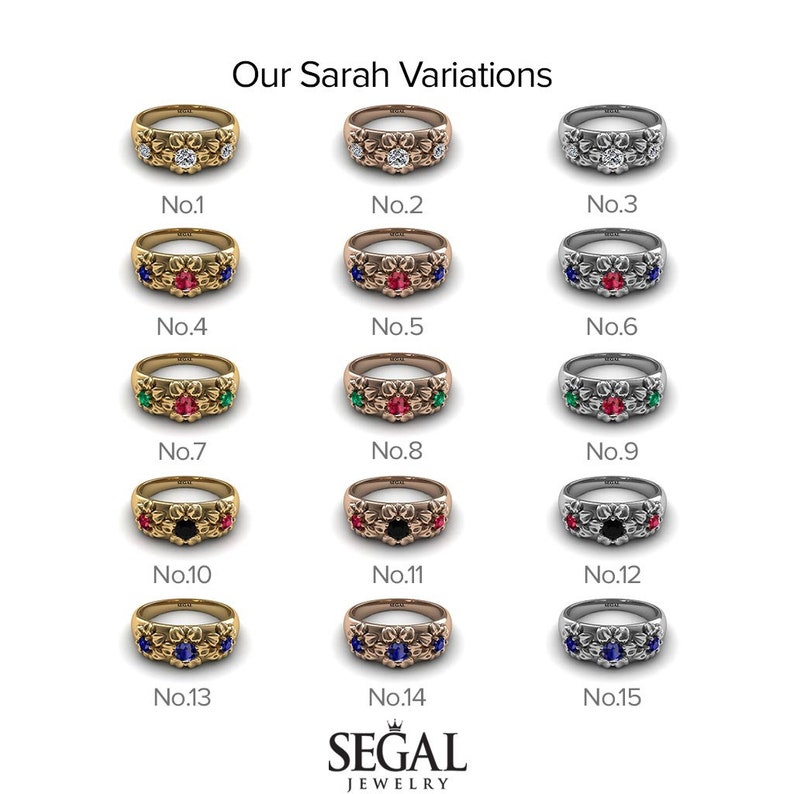 May include: A collection of 15 variations of a gold ring with different gemstones. The ring has a floral design and features a center stone surrounded by smaller stones. The gemstones include diamonds, rubies, emeralds, sapphires, and black diamonds.