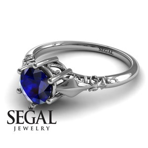 Blue SAPPHIRE ENGAGEMENT RING White Gold Sapphire Ring Art Deco Ring Solitaire Ring Victorian Ring Blue Sapphire Engagement Ring - Reagan
