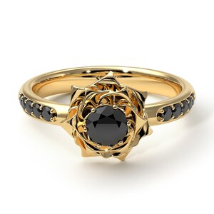 Gold Engagement Ring Engagement Ring Black Diamond Engagement Ring Flower Ring Antique Black Diamond Engagement Ring - Elena