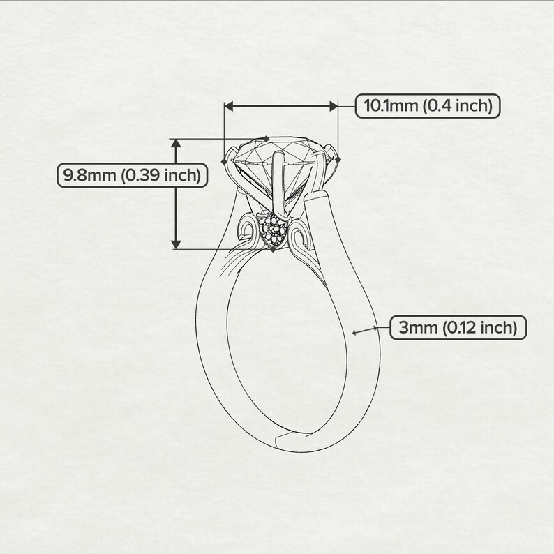 May include: A silver ring with a large, clear gemstone set in a prong setting. The ring band is thick and has a decorative design. The ring measures 0.4 inches wide and 0.39 inches tall.