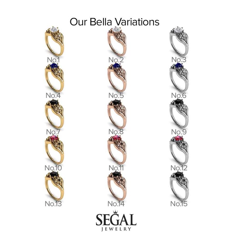 Op de afbeelding: Een verzameling van 15 variaties van een gouden, ros&eacute;gouden en zilveren verlovingsring met een bloemmotief. De ringen hebben een centrale diamant en een kleinere edelsteen in verschillende kleuren, waaronder blauw, zwart en rood.