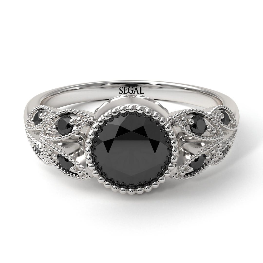 Contemporary Black Diamond Art Deco Leaves Engagement Ring 1ct