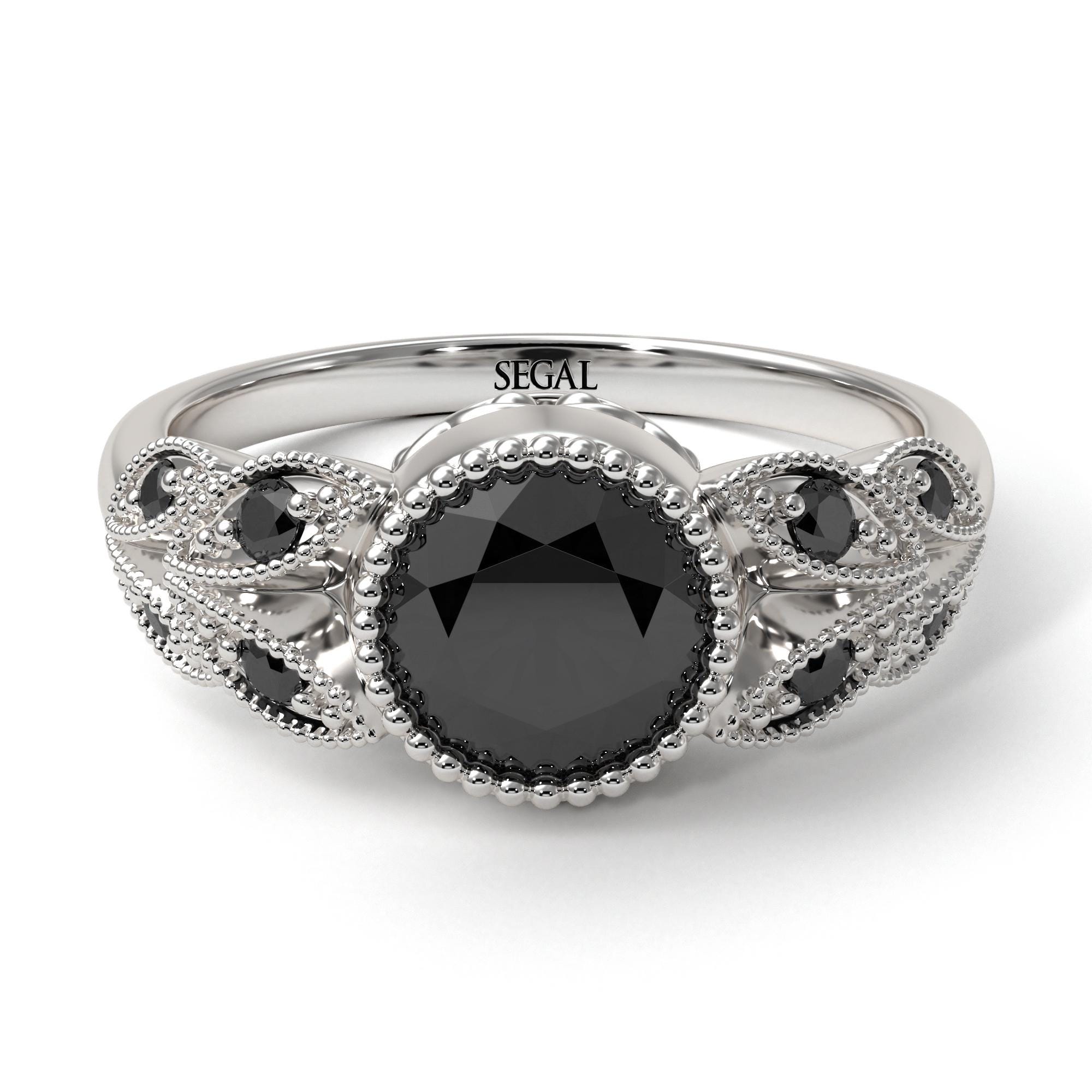 Contemporary Black Diamond Art Deco Leaves Engagement Ring 1ct - Technical View