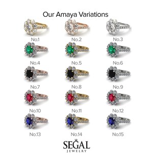 May include: A set of 15 engagement rings with different center stones and halo settings. The rings are arranged in three rows of five, with each ring labeled with a number from 1 to 15. The center stones include a diamond, emerald, black diamond, ruby, and sapphire. The halo settings are made of diamonds and are available in gold, rose gold, and platinum.