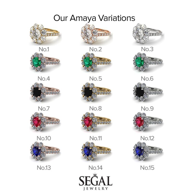 May include: A set of 15 engagement rings with different center stones and halo settings. The rings are arranged in three rows of five, with each ring labeled with a number from 1 to 15. The center stones include a diamond, emerald, black diamond, ruby, and sapphire. The halo settings are made of diamonds and are available in gold, rose gold, and platinum.