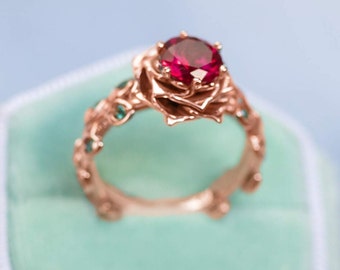 Bague de fiançailles fleur rubis or rose 14 carats 18 carats bague en or rose rubis fleur rose bagues uniques cadeau de fiançailles