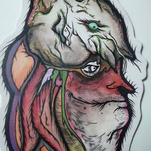 May include: A watercolor illustration of a face with a creature growing out of the top of its head. The creature has a green eye and a textured, gray body. The face is red and has a long nose. The illustration is done in a variety of colors, including red, green, blue, and yellow.