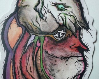 May include: A watercolor illustration of a face with a creature growing out of the top of its head. The creature has a green eye and a textured, gray body. The face is red and has a long nose. The illustration is done in a variety of colors, including red, green, blue, and yellow.