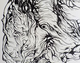 May include: Black and white ink drawing of an abstract, organic shape with intricate lines and swirls. The drawing is signed "NS 2019" in the bottom right corner.
