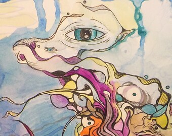 May include: Abstract watercolor painting with swirling lines and shapes in shades of blue, purple, yellow, orange, and pink. The painting features multiple eyes and a signature in the bottom right corner.