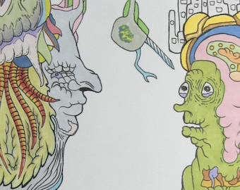May include: A colorful, abstract drawing of two figures with multiple eyes and limbs. The figures are set against a white background with a yellow moon and a city skyline in the background.