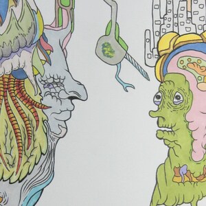 Puede incluir: Un dibujo abstracto y colorido de dos figuras con múltiples ojos y extremidades. Las figuras se encuentran sobre un fondo blanco con una luna amarilla y un horizonte de ciudad en el fondo.