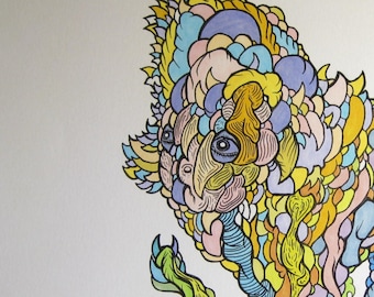 May include: A colorful illustration of a creature with a unique design. The artwork features a combination of blue, green, yellow, and pink hues. The creature's form is composed of layered shapes and lines, creating a textured appearance against a white background.