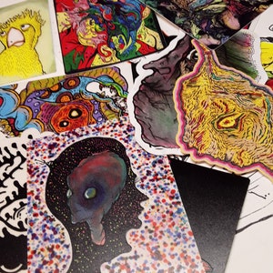 mystery sticker pack, bird art ,alien sticker, laptop stickers, weird stickers, anime sticker pack, skateboard stickers, skate stickers, art