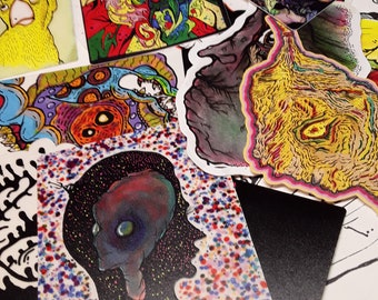 mystery sticker pack, bird art ,alien sticker, laptop stickers, weird stickers, anime sticker pack, skateboard stickers, skate stickers, art