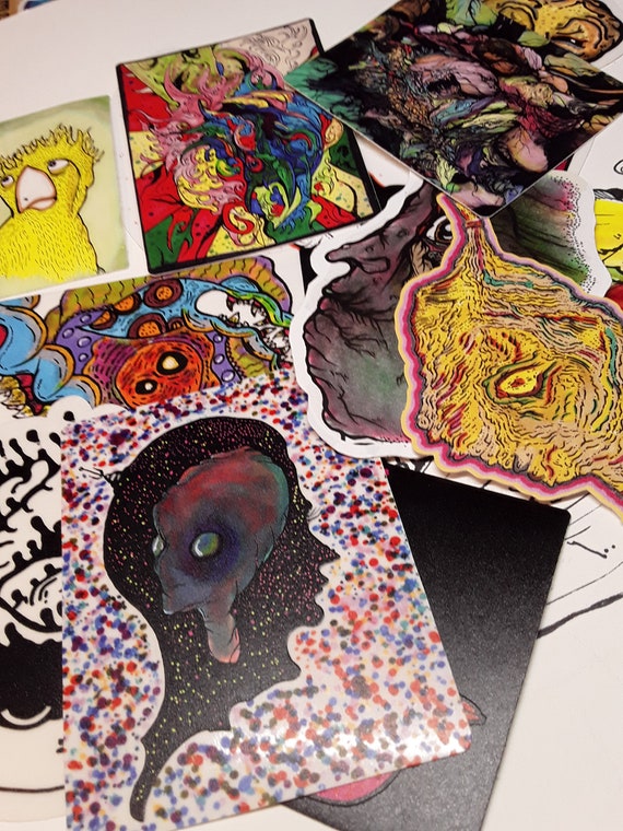 mystery sticker pack, bird art ,alien sticker, laptop stickers, weird stickers, anime sticker pack, skateboard stickers, skate stickers, art
