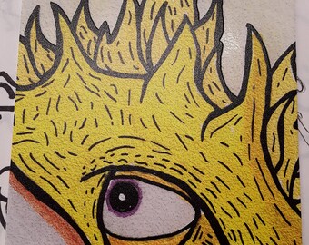 May include: A close-up of a yellow and black illustration of a creature with a single eye. The eye is outlined in black and has a purple iris and a white pupil. The creature's head is covered in yellow fur with black lines.