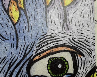 May include: Close-up of a watercolor illustration featuring a stylized eye with a green iris and a blue and orange tear. The artwork includes a blue and purple floral design with yellow accents and black outlines.