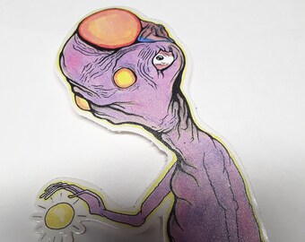 May include: A purple alien-like figure with a large head and a slender body. The figure is holding a yellow sun-like object. The illustration has a cartoonish style with a yellow outline and a white background.