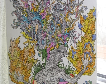 May include: An original artwork featuring a figure with a textured, gray body and arms outstretched, surrounded by colorful flames and swirling, abstract shapes. The artwork includes the text "EVERY DARK CLOUD PASSES".