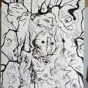 Anxious art, weird faces, strange illustration, odd beings, aliens, black and white art, faces, chaos, trippy picture, psychedelic art, art