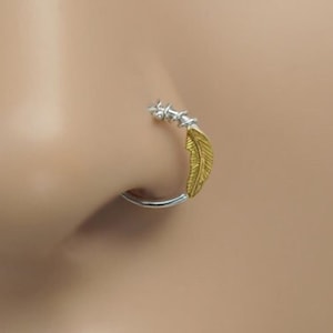 14K Gold Nasenring Hoop - Tragus, Helix, Knorpel Piercing mit Blatt Design, 7mm-11mm Innendurchmesser