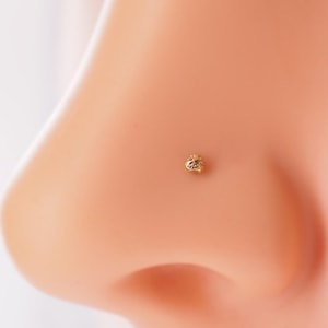 Può includere: Primo piano di un anello per il naso in oro con una piccola pietra preziosa rotonda e testurizzata.