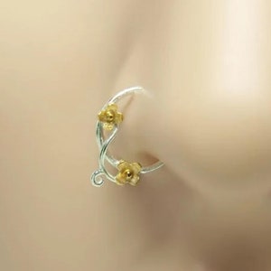 Boho Nose Ring – Sterling Silver with Gold Flowers – Vintage Style Nostril Piercing Jewelry