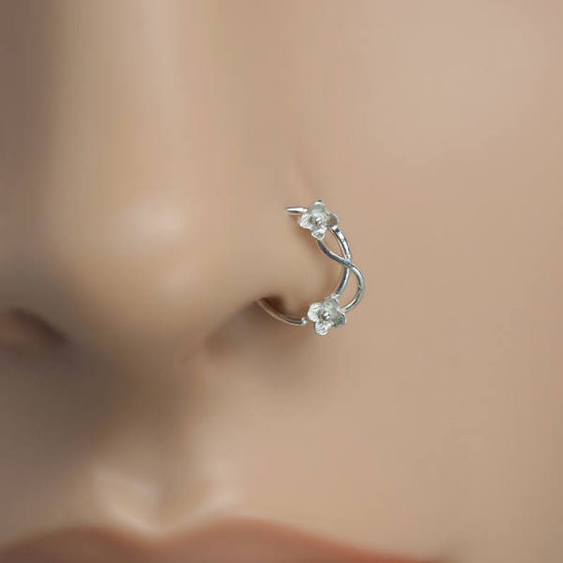 Nose Ring Nose Hoop Nose Piercing Helix Earring Tragus Earring Cartilage Piercing Sterling Silver 8mm Inner Diameter Flower Hoop image 8