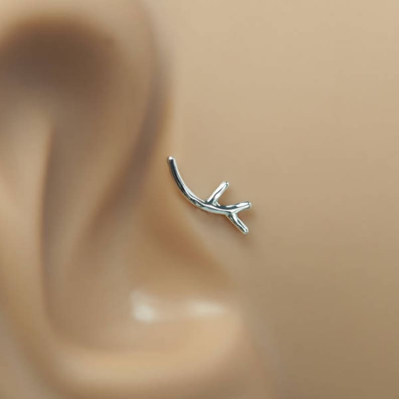 Twig Helix Earring 16g Tragus Stud Twig Helix Stud Gold Helix Earring Helix 16gauge Stud Cartilage Stud Twig Tragus Earring Silver - Right Ear
