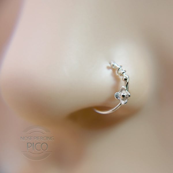 Nose Ring with Small Flower Sterling Silver 100% Handcrafted