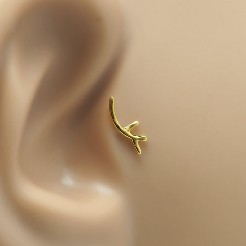 Twig Helix Earring 16g Tragus Stud Twig Helix Stud Gold Helix Earring Helix 16gauge Stud Cartilage Stud Twig Tragus Earring Gold - Right Ear