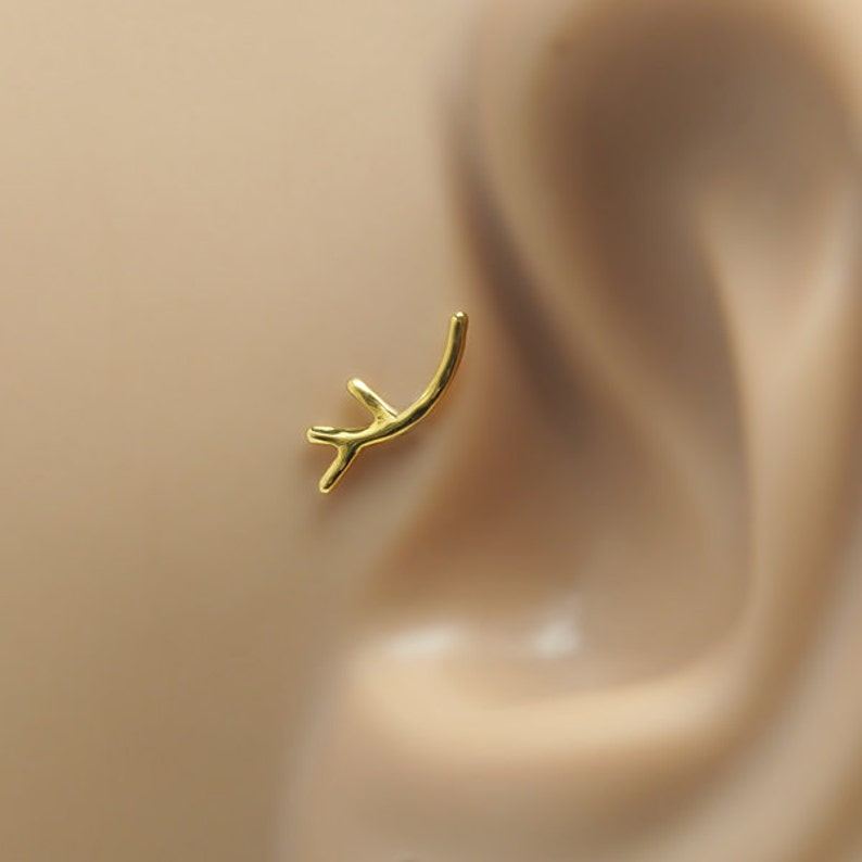 Twig Helix Earring 16g Tragus Stud Twig Helix Stud Gold Helix Earring Helix 16gauge Stud Cartilage Stud Twig Tragus Earring Gold - Left Ear