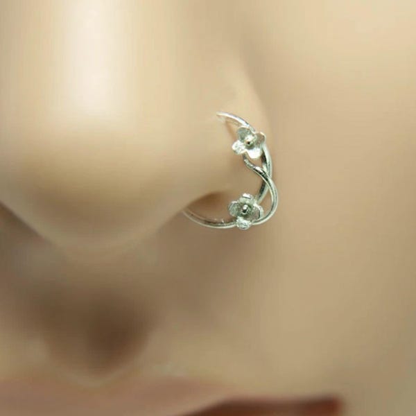 Sterling Silver Flower Nose Ring Hoop - Handmade Cartilage Piercing