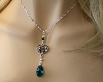 Heart Necklace: Silver Filagree Heart with Emerald Green Swarovski Crystals