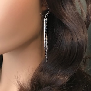 Celestial Earrings: Silver Moon with Chain Tassel
