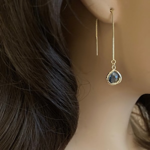 Crystal Earrings: Navy Blue Swarovski Crystals on Gold Threader Chain