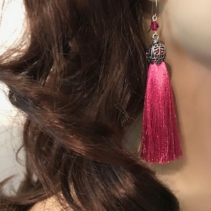 Silk Tassel Earrings: Hot Pink Tassel with Spanish Silver Bead Cap and Swarovski Crystal