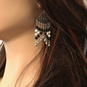 Tribal Chandelier Earrings: Onyx and Howlite on Tribal Medallion