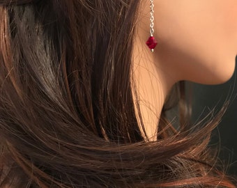 Crystal Earrings: Siam Red Swarovski Crystals on Silver Chain