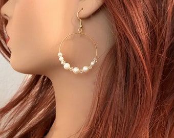 Pearl Earrings: Swarovski Pearls and Swarovski Crystals with Gold Hoop