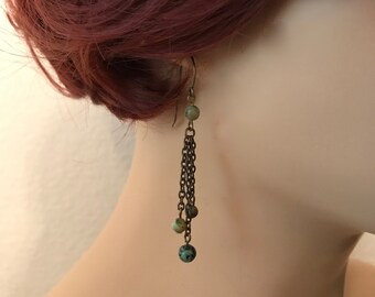 African Turquoise Earrings: Brass Chains