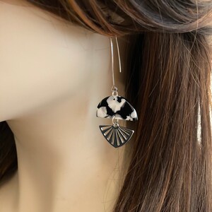 Art Deco Earrings: Black and White Acetate with Fan