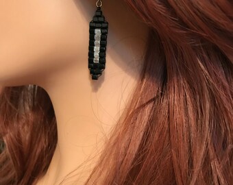 Czech Glass Earrings: Black and Clear Cubes