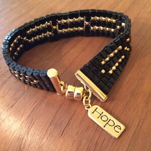 Czech Glass Bracelet: Black Cubes with Gold Accent Beads