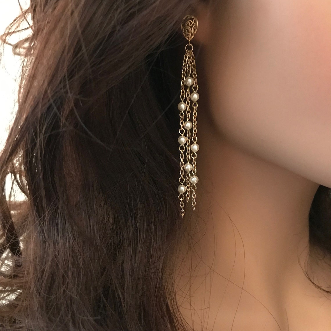 Pearl Tassel Earrings: Gold Chain Tassel With Cream Swarovski - Etsy